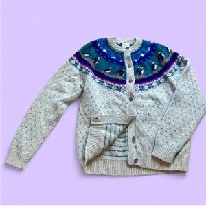 Woolrich Blue and Purple Nordic Vintage Puffin Crewneck Sweater 80s